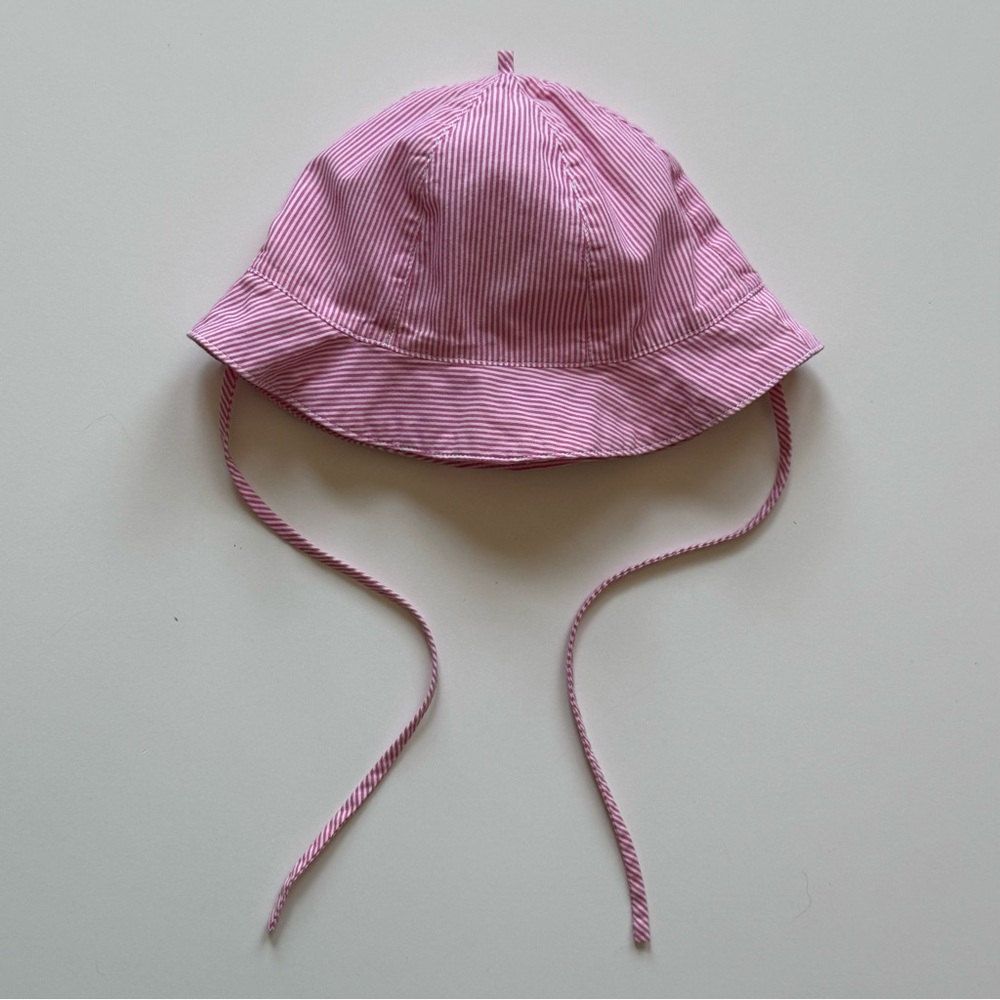 Jacadi Baby Girl Pink & White Striped Baby Sun Hat with Ties - Size 3M